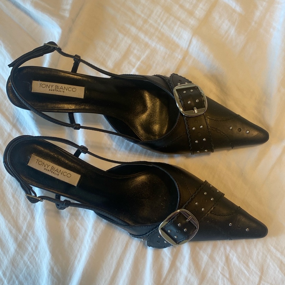 Tony Bianco Black Pointed Heels with Metallic Buckle